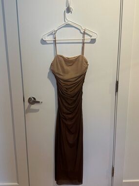 MICAS Brown Ruched Spaghetti-Strap Evening Dress NWT